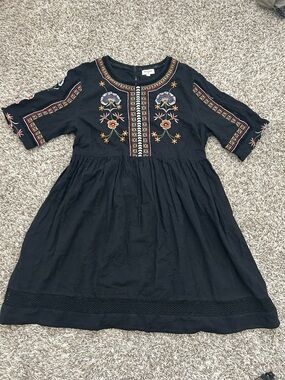 World Market Womens Dress L/XL Black Embroidered Boho Peasant Long Sleeve Cotton